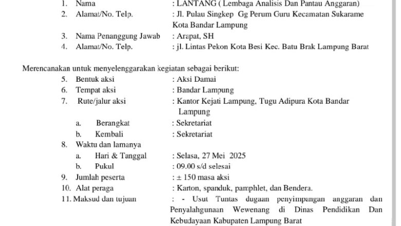 LSM LANTANG Akan Gelar Aksi di Kejati Lampung, Desak Usut Dugaan Penyimpangan Anggaran di Disdikbud Lampung Barat